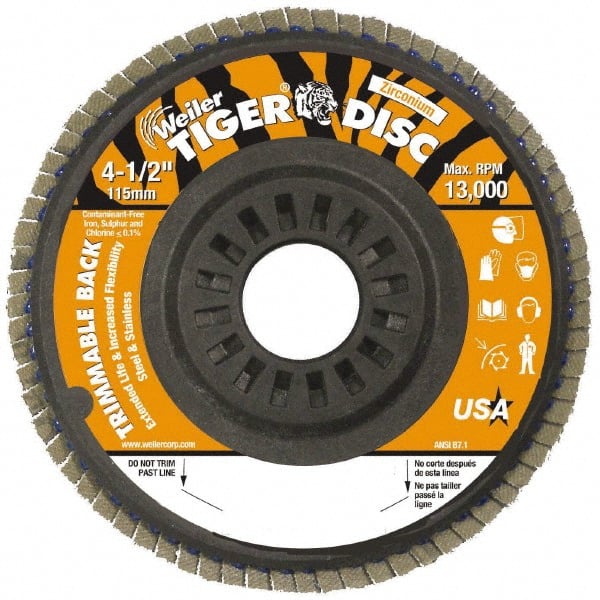 Weiler - 60 Grit, 4-1/2" Disc Diam, 7/8" Center Hole, Type 29 Zirconia Alumina Flap Disc - 13,000 Max RPM, Plastic Backing, Arbor Attaching System, Coated - Exact Tooling