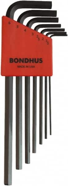Bondhus - 7 Piece L-Key Ball End Hex Key Set - Hex Range 1.5 to 6mm, 8-3/4" OAL, Protanium High Torque Steel - Exact Tooling