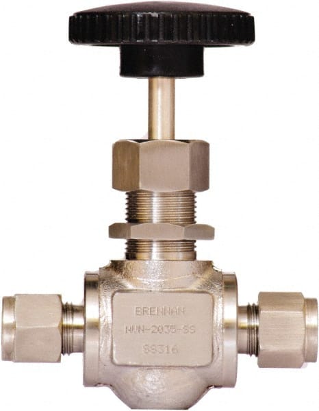 Brennan - 3/8" Pipe, Straight Needle Valve - PTFE Seal, Tube Ends, Stainless Steel Valve, 6,000 Max psi - Exact Tooling