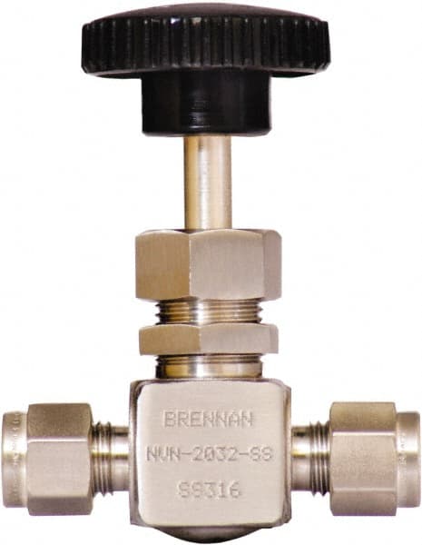 Brennan - 1/4" Pipe, Straight Needle Valve - PTFE Seal, Tube Ends, Stainless Steel Valve, 6,000 Max psi - Exact Tooling