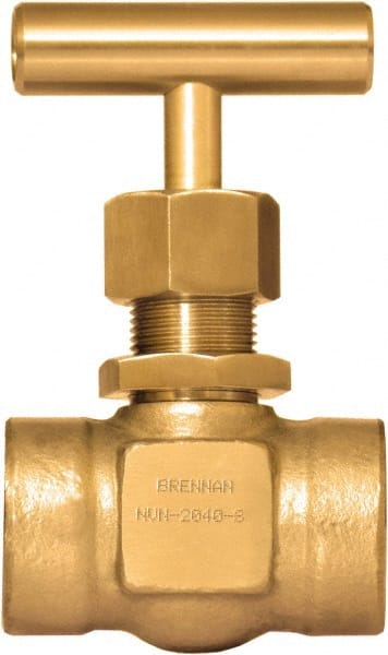 Brennan - 1/2" Pipe, Straight Needle Valve - PTFE Seal, NPT Ends, Brass Valve, 3,000 Max psi - Exact Tooling