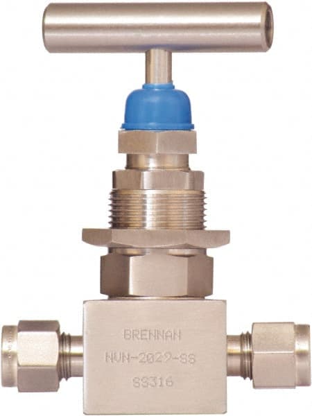 Brennan - 3/8" Pipe, Straight Needle Valve - PTFE Seal, NPT Ends, Stainless Steel Valve, 6,000 Max psi - Exact Tooling