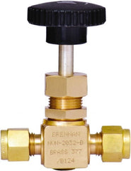 Brennan - 1/4" Pipe, Straight Needle Valve - PTFE Seal, Tube Ends, Brass Valve, 3,000 Max psi - Exact Tooling