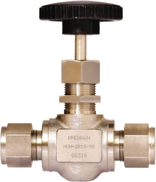 Brennan - 1/2" Pipe, Straight Needle Valve - PTFE Seal, Tube Ends, Stainless Steel Valve, 6,000 Max psi - Exact Tooling