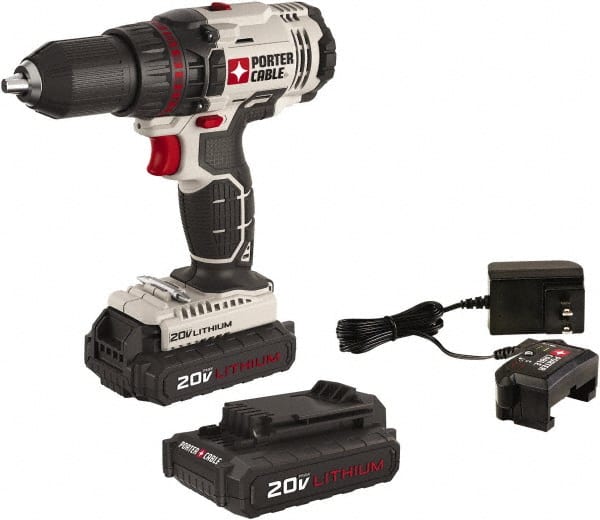 Porter-Cable - 20 Volt 1/2" Chuck Pistol Grip Handle Cordless Drill - 0-350 & 0-1500 RPM, Single-Sleeve Ratcheting Chuck, Reversible, 2 Lithium-Ion Batteries Included - Exact Tooling