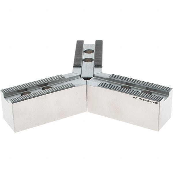 Samchully - 210mm Max Chuck Capacity, 1.5mm x 60° Serrated Interface, Round Soft Lathe Chuck Jaw - 3 Jaw, Steel, 25mm Btw Mount Hole Ctrs, 95mm Long, 35mm Wide, 38mm High, 14mm Groove, M12mm Fastener - Exact Tooling