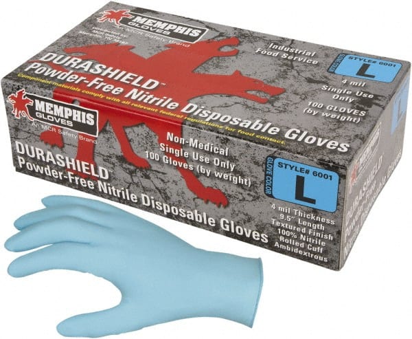 MCR Safety - Size 3XL, 4 mil, Industrial Grade, Powder Free Nitrile Disposable Gloves - 9-1/2" Long, Blue, Textured Rolled Cuffs, FDA Approved, Ambidextrous - Exact Tooling