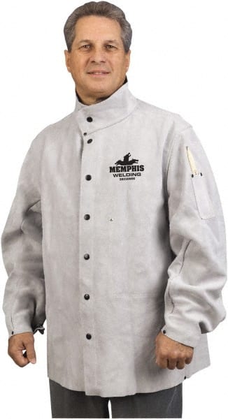 MCR Safety - Size 3XL Welding & Flame Resistant/Retardant Jacket - Gray, Leather, Snaps Closure - Exact Tooling
