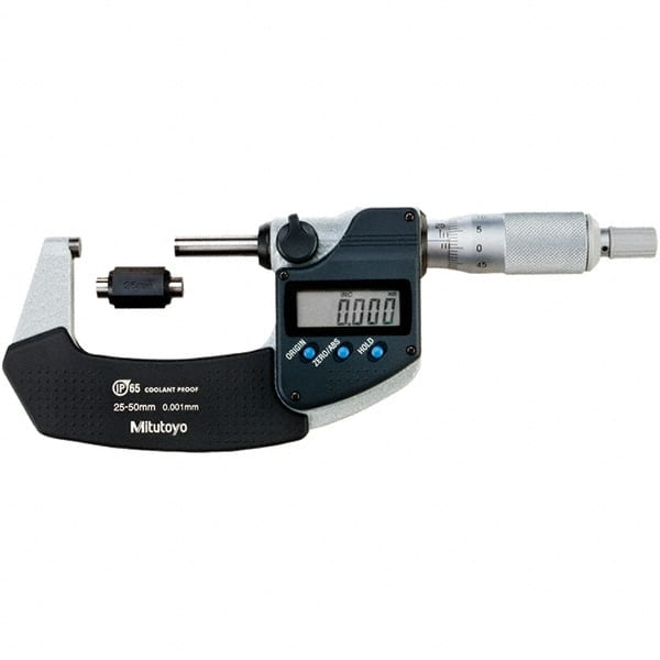 Mitutoyo - Standard Throat IP65 Electronic Outside Micrometer - Ratchet Stop Thimble, Carbide-Tipped Face, SR44 Battery - Exact Tooling