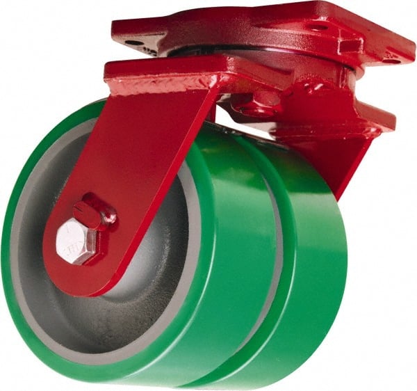 Hamilton - 6" Diam x 3" Wide x 8-1/2" OAH Top Plate Mount Dual Swivel Caster - Polyurethane Mold onto Cast Iron Center, 4,400 Lb Capacity, Sealed Precision Ball Bearing, 6-1/8 x 7-1/2" Plate - Exact Tooling