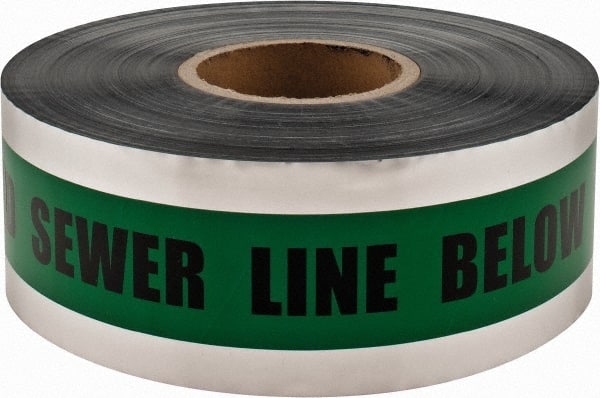 PRO-SAFE - Caution: Buried Sewer Line Below, Detectable Underground Tape - 1,000 Ft. Long x 3 Inch Wide Roll, Polyethylene on Aluminum, 5 mil Thick, Green - Exact Tooling