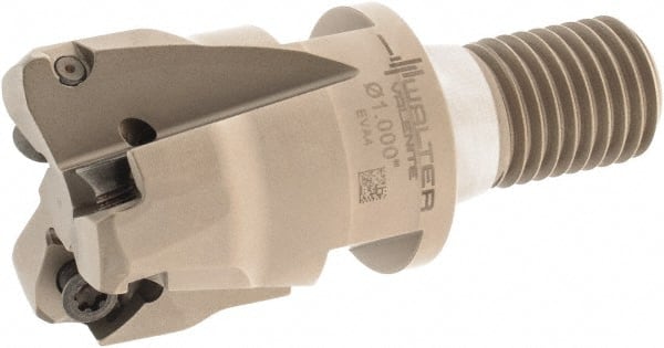 Walter - 21° Lead Angle, 1-1/4" Max Cut Diam, 0.793" Min Cut Diam, 0.039" Max Depth of Cut, Indexable Chamfer & Angle End Mill - 3 Inserts, P23696 Insert Style, 69.01mm OAL, Through Coolant, Threaded Shank - Exact Tooling