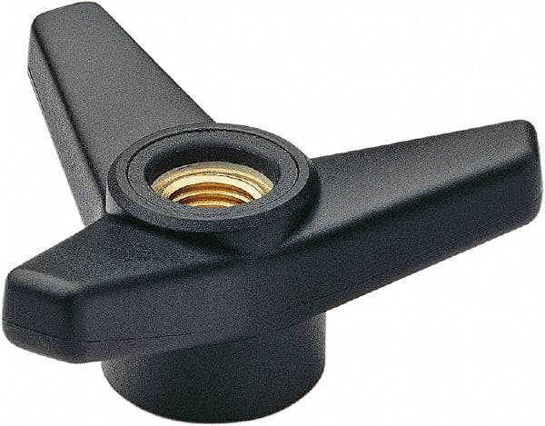 Elesa - 3-1/8" Head Diam, 1.375" High, Glass Fibre Reinforced Technopolymer 3 Arm Knob - 1/2-13 Stem, 1-1/4" Hub Diam, 1.18 Head Height, Thru Female Insert Style, 1-1/4 Hole Depth, Black - Exact Tooling