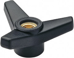 Elesa - 3-1/8" Head Diam, 1.375" High, Glass Fibre Reinforced Technopolymer 3 Arm Knob - 1/2-13 Stem, 1-1/4" Hub Diam, 1.18 Head Height, Thru Female Insert Style, 1-1/4 Hole Depth, Black - Exact Tooling