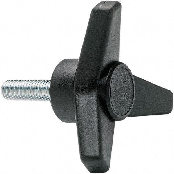 Elesa - 1-3/4" Head Diam, 1" High, 3/4" Long Thread, Glass Fibre Reinforced Technopolymer 3 Arm Knob - 3/8-16 Stem, 3/4" Hub Diam, 0.98 Head Height, Threaded Stem Style, Black - Exact Tooling