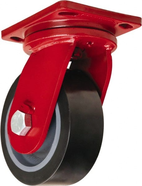 Hamilton - 8" Diam x 3" Wide x 10-1/2" OAH Top Plate Mount Swivel Caster - Polyurethane Mold on Forged Steel, 4,550 Lb Capacity, Tapered Roller Bearing, 6-1/2 x 7-1/2" Plate - Exact Tooling