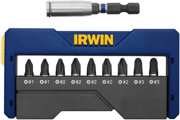 Irwin - 10 Piece, 1/4" Drive Screwdriver Insert Hex Bit Set - #1, #2 & #3 Phillips - Exact Tooling