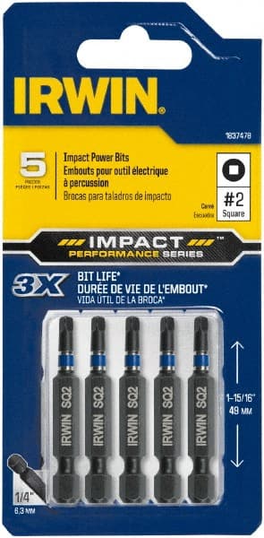 Irwin - #2" Square Size Square Recess Bit - 1/4" Hex Drive, 2" OAL - Exact Tooling