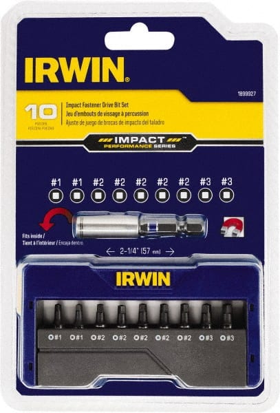 Irwin - 10 Piece, Screwdriver Insert Bit Set - #1 to #3 Square Recess - Exact Tooling