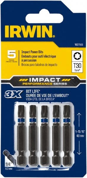 Irwin - T30 Torx Bit - 1/4" Hex Drive, 2" OAL - Exact Tooling