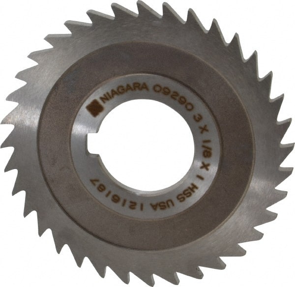 Keo - 3" Diam x 1/8" Blade Thickness x 1" Arbor Hole Diam, 36 Tooth Slitting and Slotting Saw - Arbor Connection, Right Hand, Uncoated, High Speed Steel, 10° Rake, Concave Ground - Exact Tooling