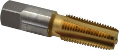 OSG - 1/4-18 NPT Thread, 4 Flute Standard Pipe Tap - 2-7/16" OAL, 1-1/16" Thread Length, 9/16" Shank Diam, TiN Finish, High Speed Steel - Exact Tooling
