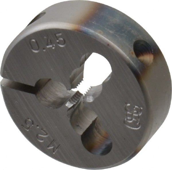 OSG - M2.5x0.45 Thread, 13/16" Outside Diam High Speed Steel Round Die - 1/4" Thick, Right Hand Thread, Series 135, Adjustable - Exact Tooling
