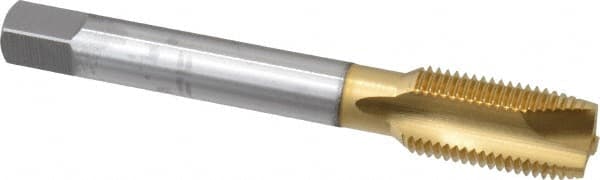 OSG - 1/2-20 UNF, 3 Flute, TiN Finish, High Speed Steel Spiral Point Tap - Plug Chamfer, Right Hand Thread, 3-3/8" OAL, 1-21/32" Thread Length, 0.367" Shank Diam, 3B Class of Fit, Series 105 - Exact Tooling