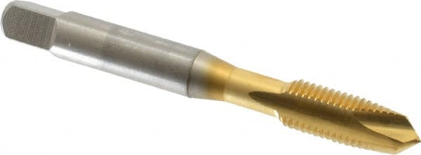 OSG - 5/16-24 UNF, 2 Flute, TiN Finish, High Speed Steel Spiral Point Tap - Plug Chamfer, Right Hand Thread, 2-23/32" OAL, 1-1/8" Thread Length, 0.318" Shank Diam, 3B Class of Fit, Series 105 - Exact Tooling