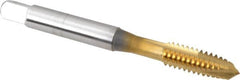 OSG - 1/4-20 UNC, 3 Flute, TiN Finish, High Speed Steel Spiral Point Tap - Plug Chamfer, Right Hand Thread, 2-1/2" OAL, 1" Thread Length, 0.255" Shank Diam, 3B Class of Fit, Series 105 - Exact Tooling
