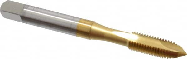 OSG - 1/4-28 UNF, 2 Flute, TiN Finish, High Speed Steel Spiral Point Tap - Plug Chamfer, Right Hand Thread, 2-1/2" OAL, 1" Thread Length, 0.255" Shank Diam, Series 105 - Exact Tooling