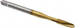 OSG - #6-32 UNC, 2 Flute, TiN Finish, High Speed Steel Spiral Point Tap - Plug Chamfer, Right Hand Thread, 2" OAL, 11/16" Thread Length, 0.141" Shank Diam, 3B Class of Fit, Series 105 - Exact Tooling