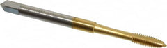 OSG - #5-44 UNF, 2 Flute, TiN Finish, High Speed Steel Spiral Point Tap - Plug Chamfer, Right Hand Thread, 1-15/16" OAL, 5/8" Thread Length, 0.141" Shank Diam, 2B Class of Fit, Series 105 - Exact Tooling