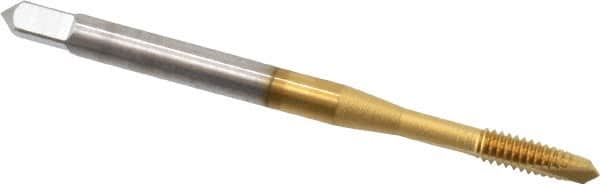 OSG - #5-40 UNC, 2 Flute, TiN Finish, High Speed Steel Spiral Point Tap - Plug Chamfer, Right Hand Thread, 1-15/16" OAL, 5/8" Thread Length, 0.141" Shank Diam, 2B Class of Fit, Series 105 - Exact Tooling
