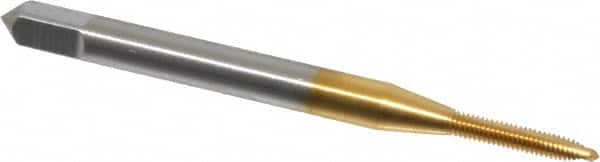 OSG - #1-72 UNF, 2 Flute, TiN Finish, High Speed Steel Spiral Point Tap - Plug Chamfer, Right Hand Thread, 1-11/16" OAL, 3/8" Thread Length, 0.141" Shank Diam, 2B Class of Fit, Series 105 - Exact Tooling