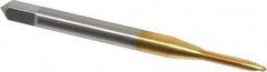 OSG - #1-72 UNF, 2 Flute, TiN Finish, High Speed Steel Spiral Point Tap - Plug Chamfer, Right Hand Thread, 1-11/16" OAL, 3/8" Thread Length, 0.141" Shank Diam, 2B Class of Fit, Series 105 - Exact Tooling