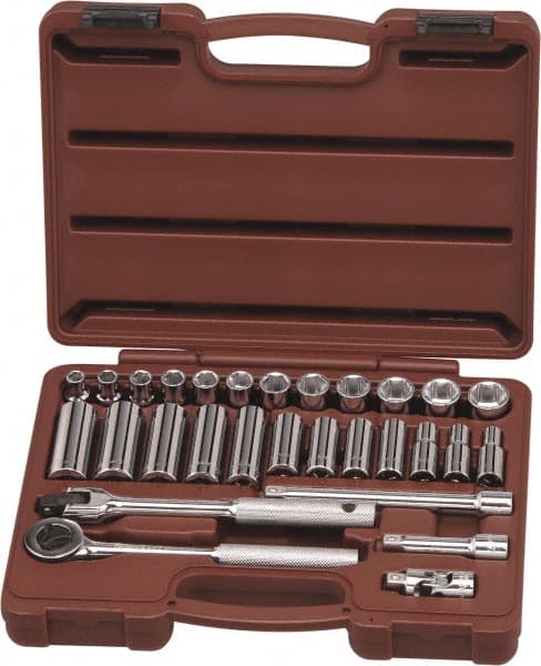 Paramount - 29 Piece 3/8" Drive Chrome Finish Deep Well Socket Set - 6 Points, 8mm to 19mm Range, Metric Measurement Standard - Exact Tooling