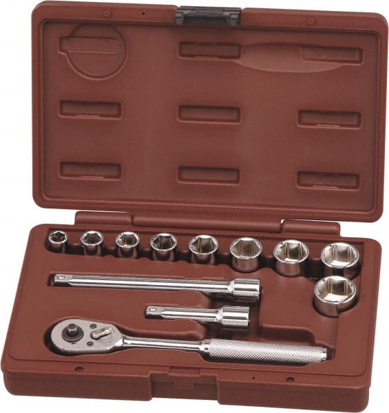 Paramount - 12 Piece 3/8" Drive Chrome Finish Socket Set - 6 Points, 3/8" to 7/8" Range, Inch Measurement Standard - Exact Tooling