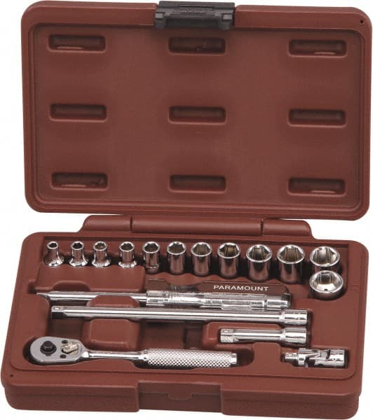 Paramount - 17 Piece 1/4" Drive Chrome Finish Socket Set - 6 Points, 4mm to 14mm Range, Metric Measurement Standard - Exact Tooling
