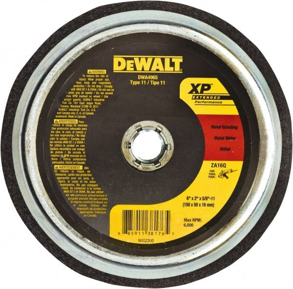 DeWALT - 6" Diam, 5/8" Hole Size, 2" Overall Thickness, 24 Grit, Type 11 Tool & Cutter Grinding Wheel - Coarse Grade, Zirconia Alumina, R Hardness, Resinoid Bond, 6,000 RPM - Exact Tooling