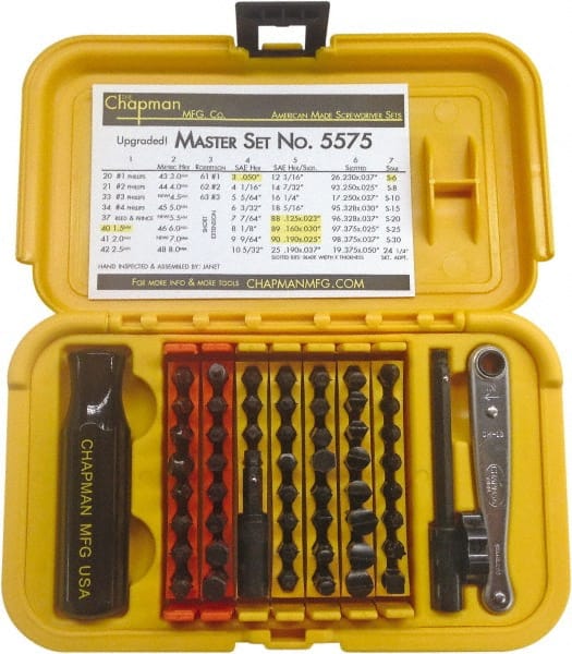 Chapman - 56 Piece, Screwdriver 1/4" Bit Ratchet Bit Set - #1 to #4 Phillips, 0.05 to 5/16" Hex, T6 to T30 Torx - Exact Tooling