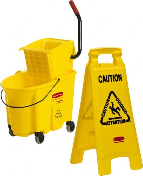 Rubbermaid - 35 Qt Plastic Bucket & Wringer - 20.1" Long x 17.4" High x 15.7" Wide, Yellow - Exact Tooling