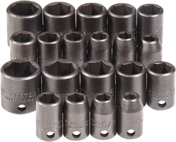 Proto - 20 Piece 3/8" Drive Chrome Finish Impact Socket Set - 6 Points, 1/4" to 3/4" (7mm to 17mm) Range, Inch/Metric Measurement Standard - Exact Tooling