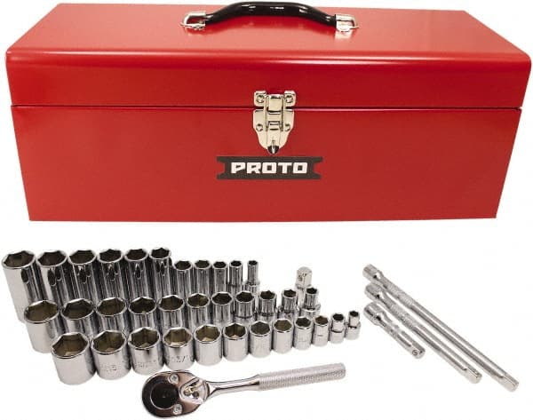 Proto - 39 Piece 3/8" & 1/2" Drive Chrome Finish Deep Well Socket Set - 6 Points, 5/16" to 1" Range, Inch Measurement Standard - Exact Tooling