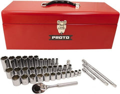 Proto - 39 Piece 3/8" & 1/2" Drive Chrome Finish Deep Well Socket Set - 6 Points, 5/16" to 1" Range, Inch Measurement Standard - Exact Tooling