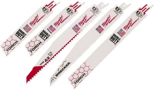 Milwaukee Tool - 6" to 9" Long x 0.04" Thick, Bi-Metal Reciprocating Saw Blade Set - Straight Profile, 5 to 18 Teeth per Inch, Toothed Edge - Exact Tooling