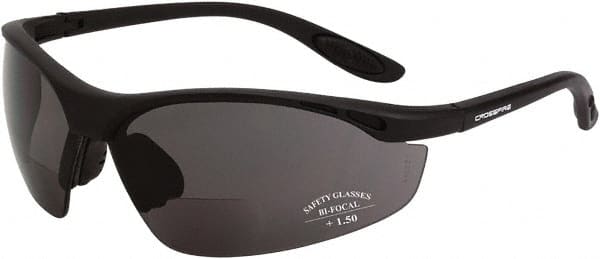 CrossFire - +1.5, Smoke Gray Lenses, Scratch Resistant, Framed Magnifying Safety Glasses - UV Protection, Black Frame - Exact Tooling