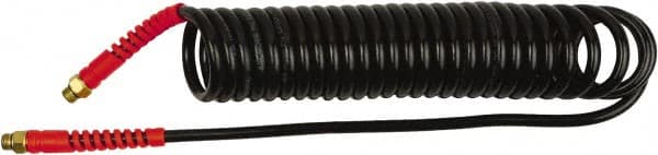 PRO-SOURCE - 1/4" ID, 1/4 Thread, 10' Long, Black Polyurethane Coiled & Self Storing Hose - 145 Max psi, Male Swivel x Male Swivel - Exact Tooling