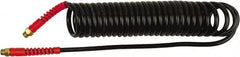 PRO-SOURCE - 1/4" ID, 1/4 Thread, 25' Long, Black Polyurethane Coiled & Self Storing Hose - 145 Max psi, Male Swivel x Male Swivel - Exact Tooling