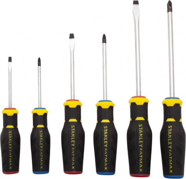 Stanley - 6 Piece Slotted & Phillips Screwdriver Set - Ergonomic & Bi-material Handle, Blade Sizes: Length 3 to 6, Width 3/16, 1/4 & 5/16, Bit Sizes: Philips #1 to #3 - Exact Tooling
